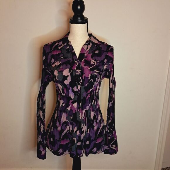Fred David Blouse Women's XL Purple Floral Wrinkled Stretch Office Career Y2K - Picture 2 of 9